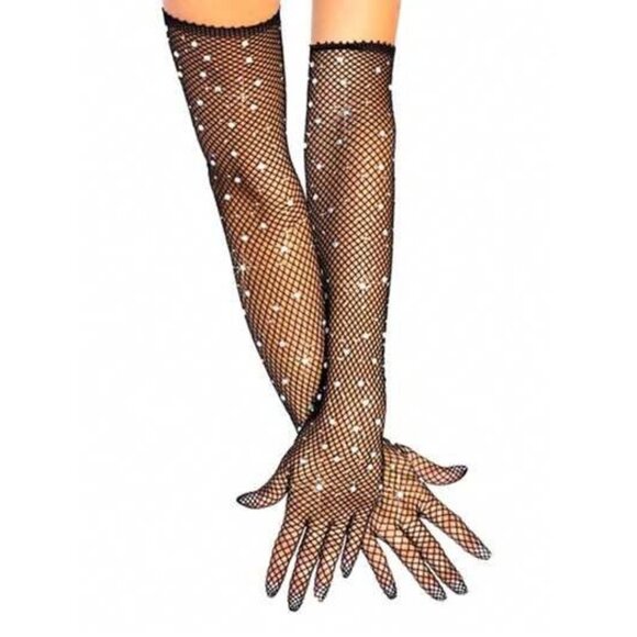 BLACK Mesh Rhinestone Elbow Opera Length Showgirl Gloves NEW NIP - Picture 3 of 3